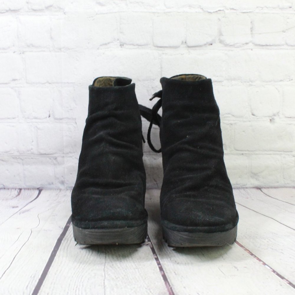 FLY London Yama Black Suede Wedge Ankle Bootie Boot Size 40 US 10 - Picture 4 of 9